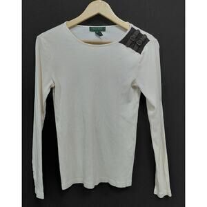 LAUREN RALPH LAUREN PETITE Cotton Long Sleeve Top Solid Knit Women Size PM